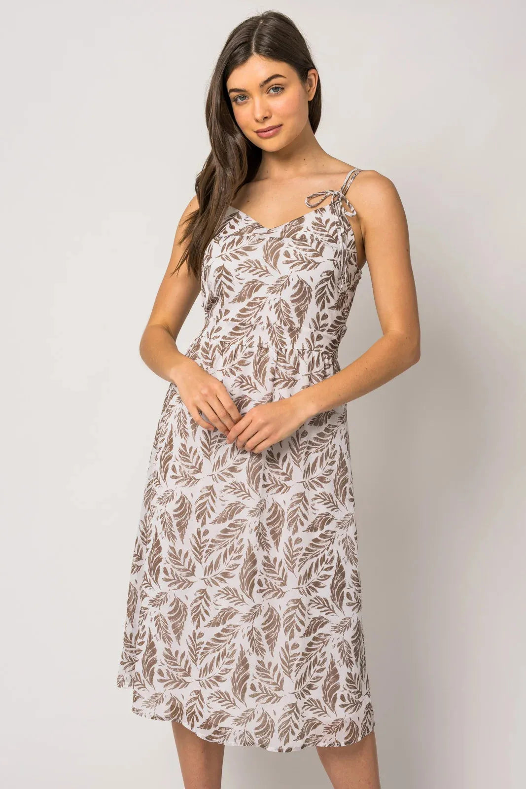 Smocked Back Tie Strap Leaf Pattern Midi Dress - Tasha Apparel Wholesale