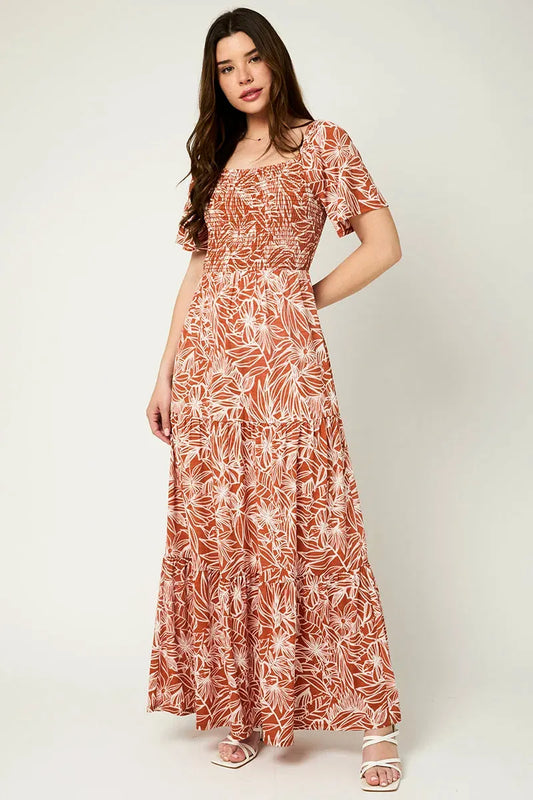 Floral Smocking Bust Tiered Hem Maxi Dress - Tasha Apparel Wholesale