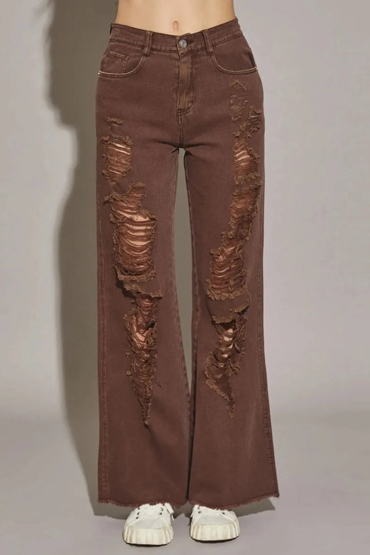 High Waisted Heavily Distressed Wide Leg Denim Jeans - Tasha Apparel Wholesale