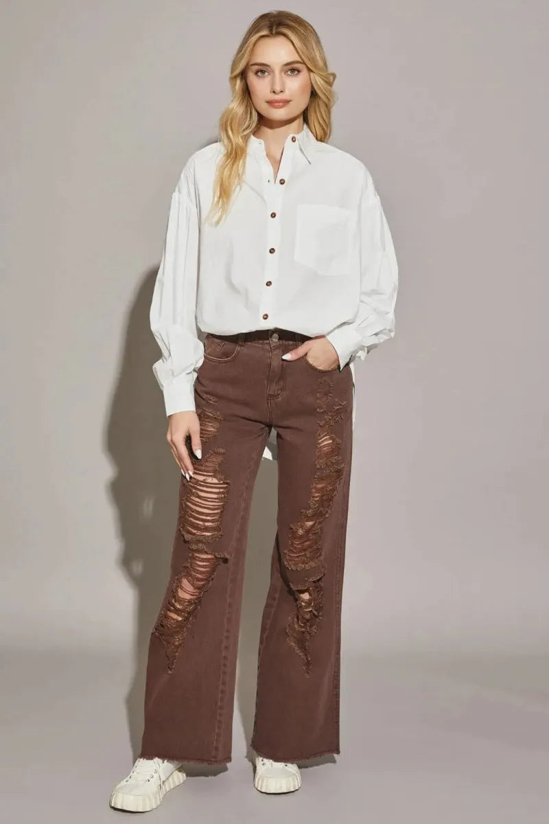 High Waisted Heavily Distressed Wide Leg Denim Jeans Espresso / S-M-L/3-2-1 High Waisted Heavily Distressed Wide Leg Denim Jeans Espresso / S-M-L/3-2-1
