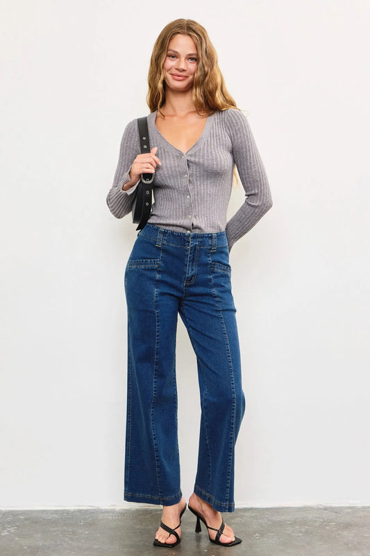 Mid Waist Wide Leg Two Long Pocket Jeans - Tasha Apparel Wholesale