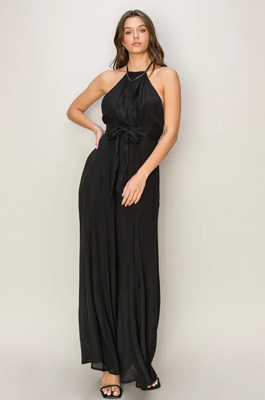 Backless Halter Neck Front Tie Wide Leg Jumpsuit - Tasha Apparel Wholesale
