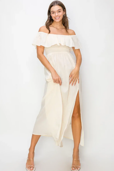 cream off the shoulder dress Ruffle Tiered Off Shoulder Side Slit Smocked Midi Dress