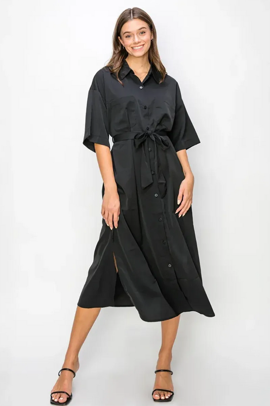 Elegant Side Slits Button-Down Belted Midi Shirt Cover-up Dress - Tasha Apparel Wholesale