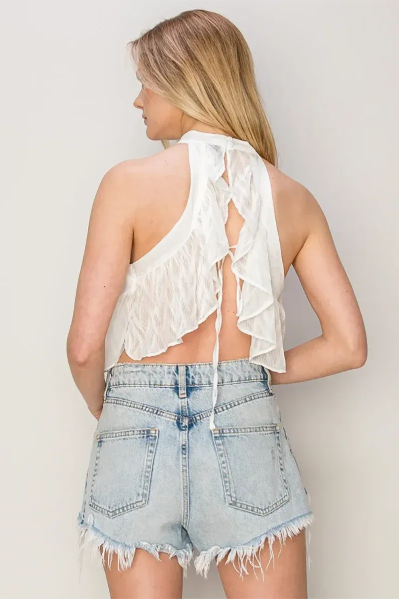 Scruller Top Textured Chiffon Ruffle High-Neck Open-Back Halter Crop Top