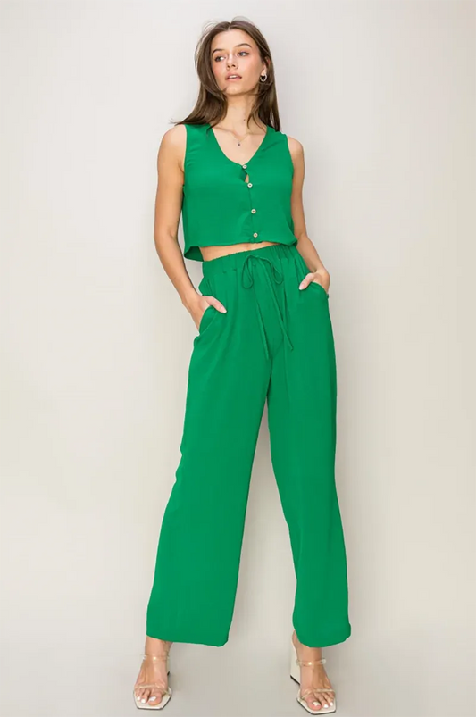 Sleeveless Button Down Crop Top & Drawstring Wide Pants Set - Tasha Apparel Wholesale