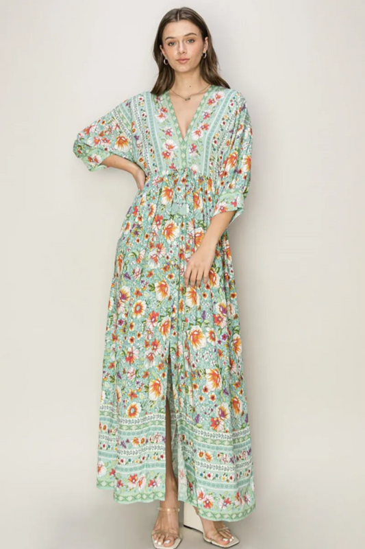 Bohemian Floral V-Neck 3/4 Sleeve Side Slit Maxi Dress - Tasha Apparel Wholesale
