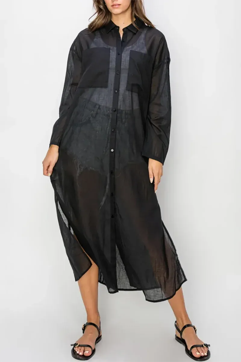 shirt dress cover up Sheer Linen Button-Down Side Slits Beach Cover-Up sheer fabric that appears Crochet Maxi Dress by Size:43L Hide_Size_Chart
