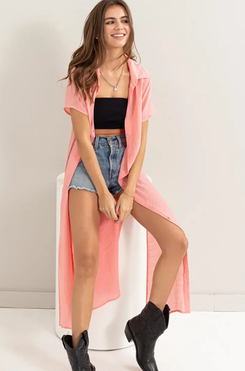 Button Down Short Sleeve Cover Up Shirt Dress - Tasha Apparel Wholesale