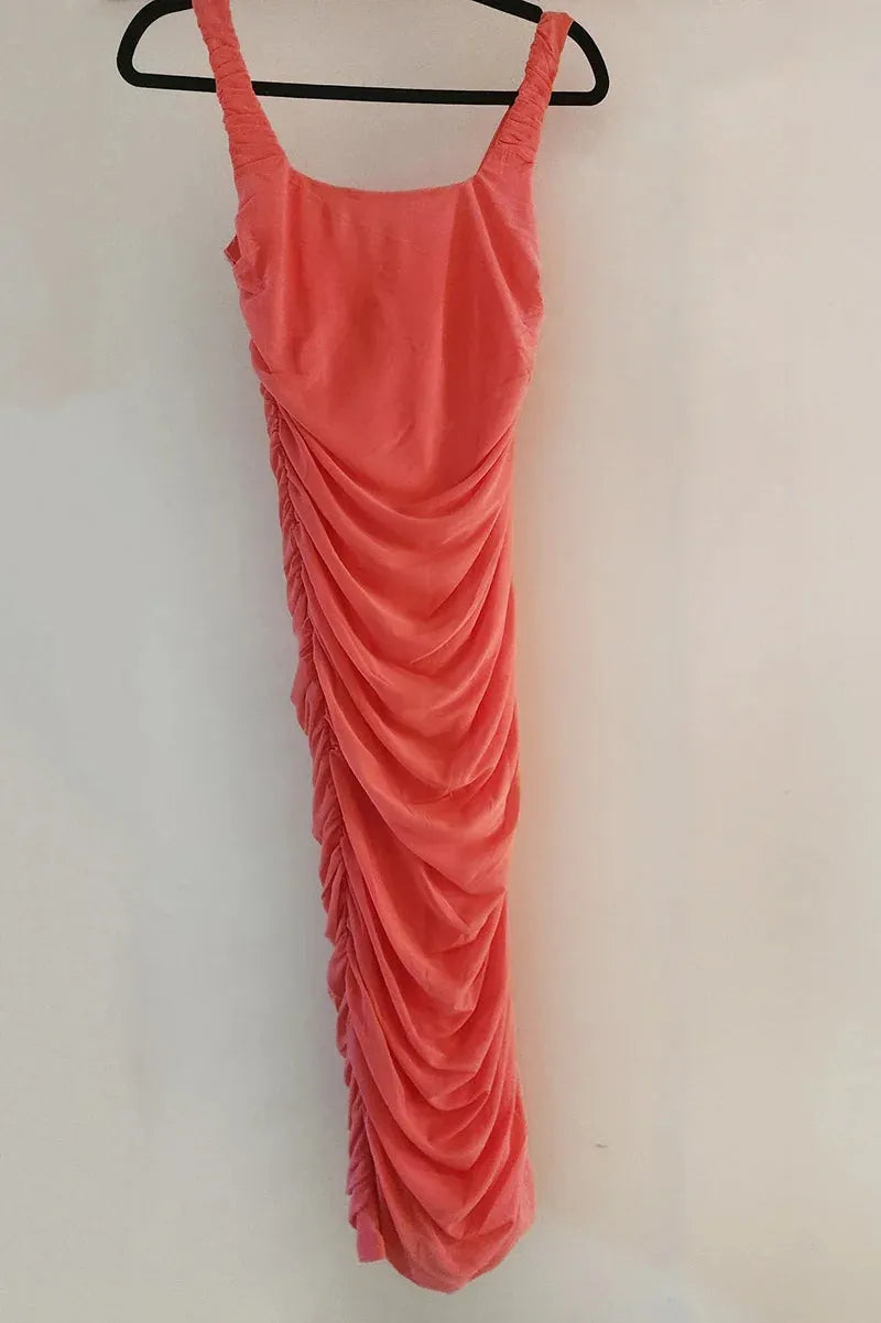 Coral Square Neck Wide Straps Ruched Bodycon Midi Dress Coral Square Neck Wide Straps Ruched Bodycon Midi Dress