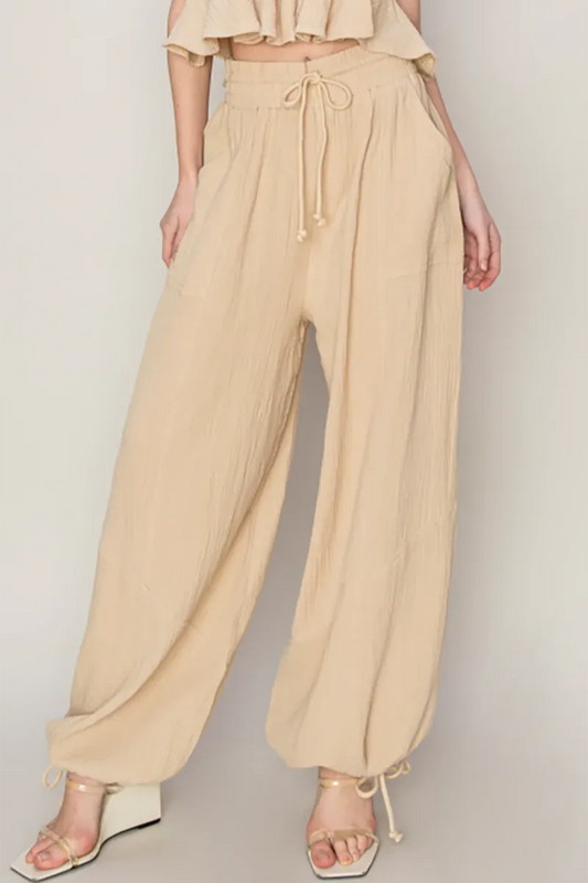Cotton High Waistband drawstring Hem Wide Pants - Tasha Apparel Wholesale