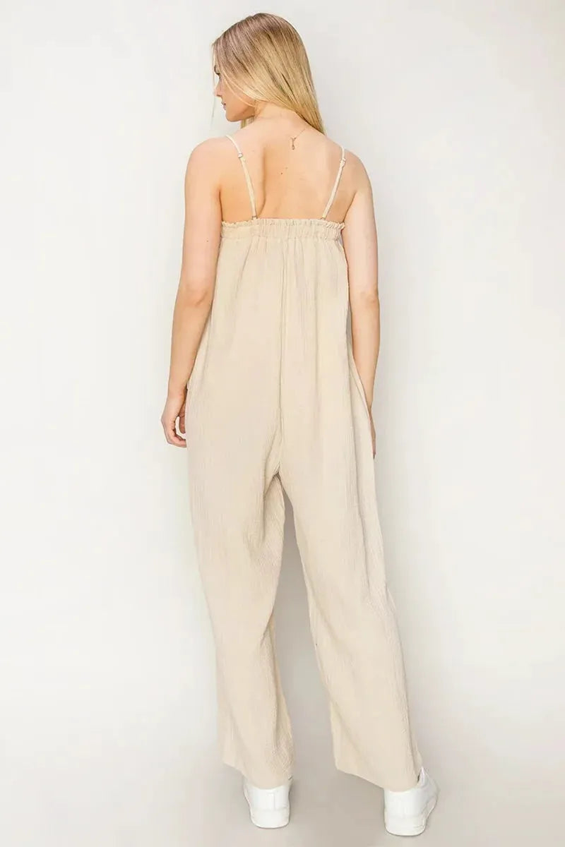 Gauze Relaxed Textured Cotton Ruffle Neckline Wide-Leg Jumpsuit - Tasha Apparel Wholesale
