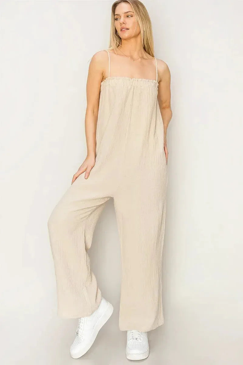 Gauze Relaxed Textured Cotton Ruffle Neckline Wide-Leg Jumpsuit - Tasha Apparel Wholesale