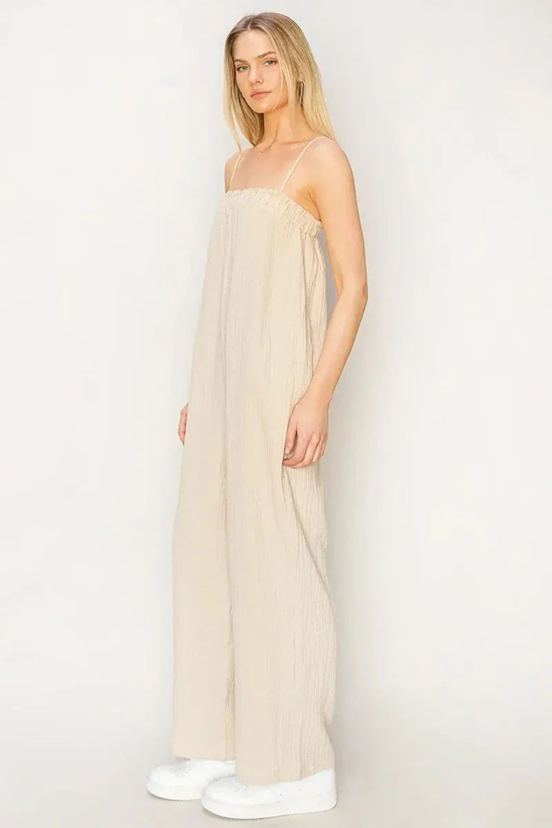 Gauze Relaxed Textured Cotton Ruffle Neckline Wide-Leg Jumpsuit - Tasha Apparel Wholesale