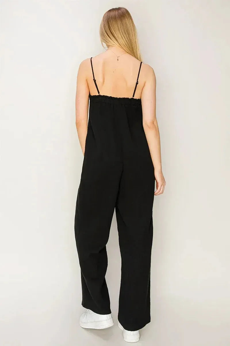 Gauze Relaxed Textured Cotton Ruffle Neckline Wide-Leg Jumpsuit - Tasha Apparel Wholesale