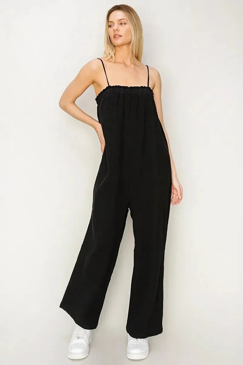 Gauze Relaxed Textured Cotton Ruffle Neckline Wide-Leg Jumpsuit - Tasha Apparel Wholesale