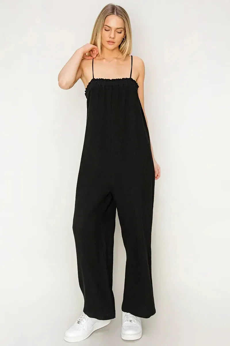 Gauze Relaxed Textured Cotton Ruffle Neckline Wide-Leg Jumpsuit - Tasha Apparel Wholesale