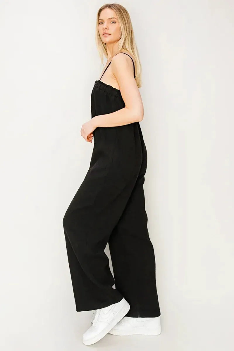 Gauze Relaxed Textured Cotton Ruffle Neckline Wide-Leg Jumpsuit - Tasha Apparel Wholesale