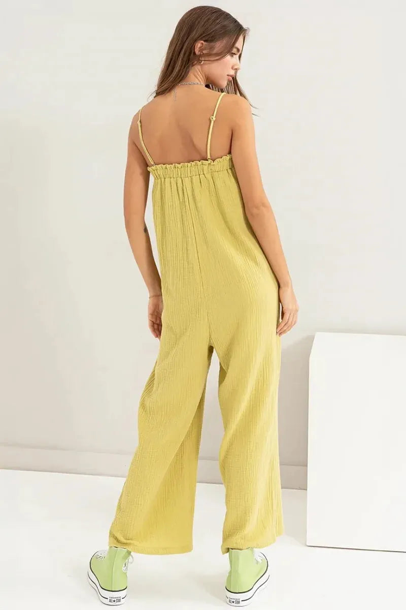 Gauze Relaxed Textured Cotton Ruffle Neckline Wide-Leg Jumpsuit - Tasha Apparel Wholesale