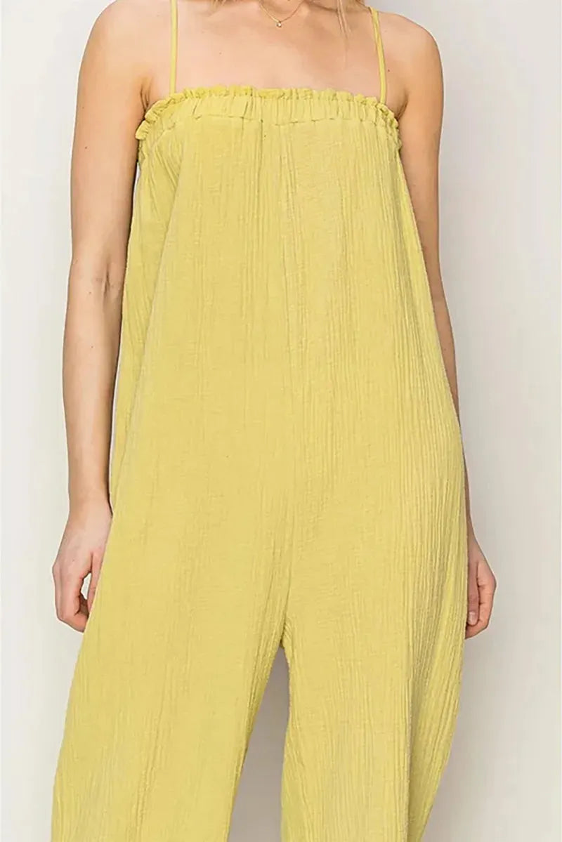 Gauze Relaxed Textured Cotton Ruffle Neckline Wide-Leg Jumpsuit - Tasha Apparel Wholesale