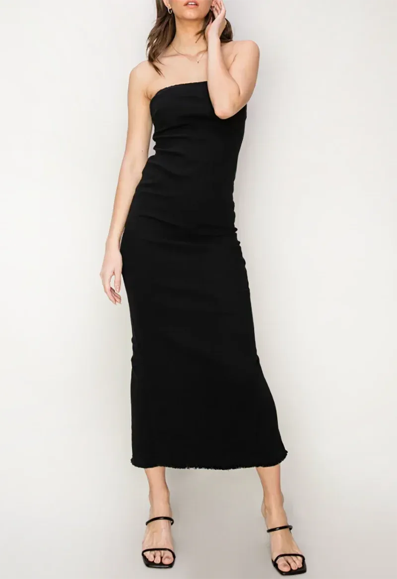 Minimalist Raw Hem Strapless Back Slit Column Tube Maxi Dress Black / S-M-L/2-2-2
