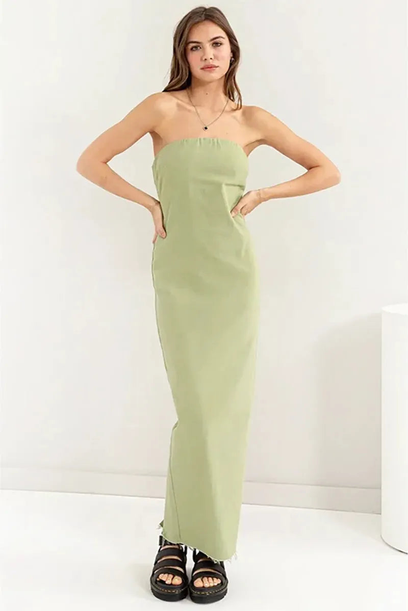 Minimalist Raw Hem Strapless Back Slit Column Tube Maxi Dress Black / S-M-L/2-2-2 Minimalist Raw Hem Strapless Back Slit Column Tube Maxi Dress Black / S-M-L/2-2-2