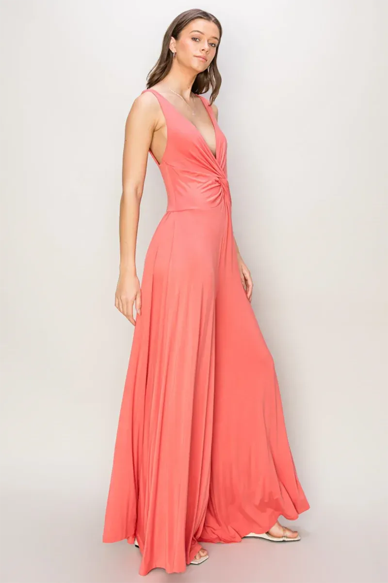 Sleeveless Extra Wide Legs Plunging Twisted Jumpsuit - Tasha Apparel Wholesale