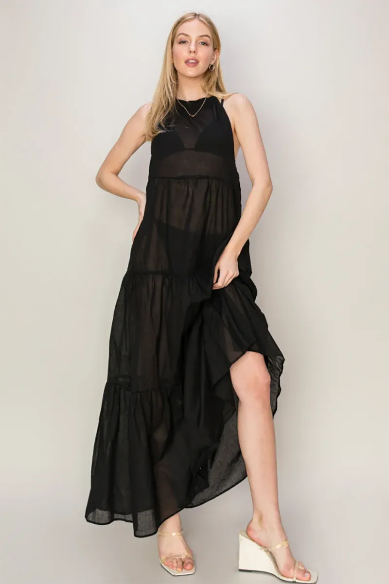 Tiered Semi Sheer Halter Neck Cover Up Maxi Dress Off White / S-M-L/2-2-2 Tiered Semi Sheer Halter Neck Cover Up Maxi Dress Off White / S-M-L/2-2-2