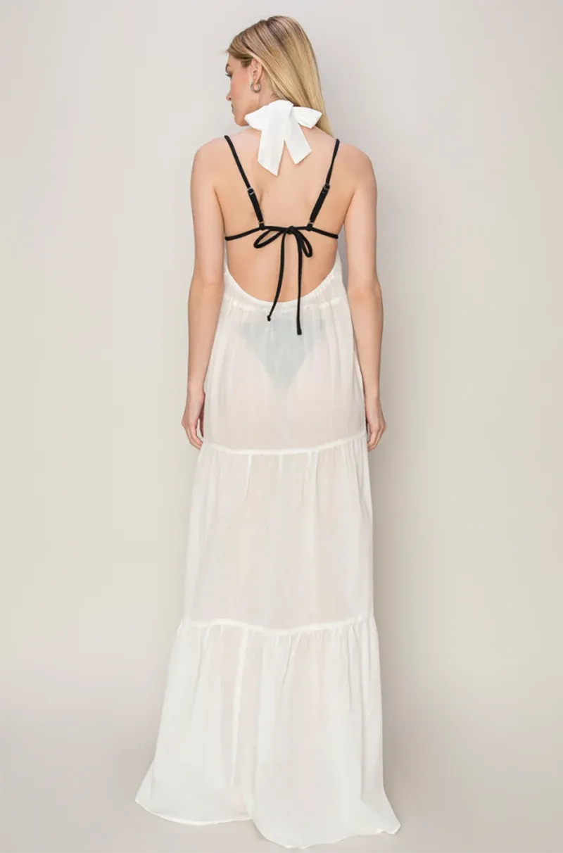 Tiered Semi Sheer Halter Neck Cover Up Maxi Dress Off White / S-M-L/2-2-2 Tiered Semi Sheer Halter Neck Cover Up Maxi Dress Off White / S-M-L/2-2-2