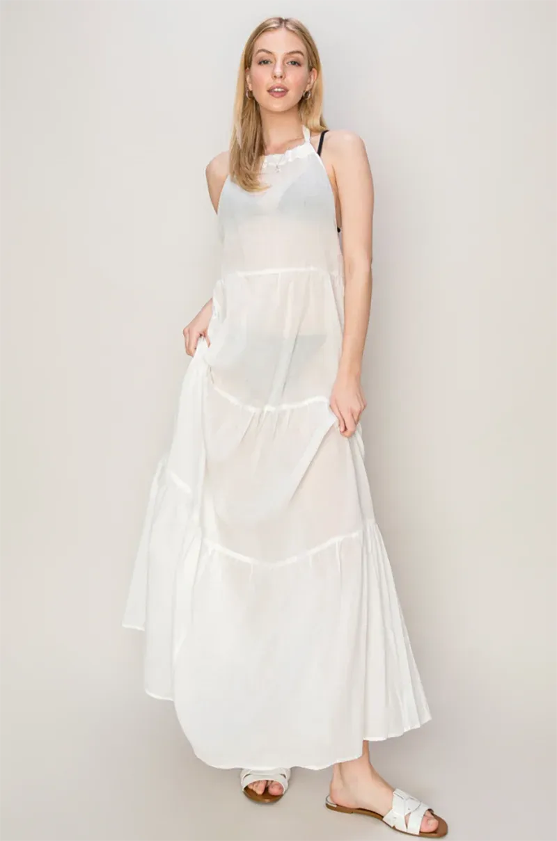 Tiered Semi Sheer Halter Neck Cover Up Maxi Dress Off White / S-M-L/2-2-2 Tiered Semi Sheer Halter Neck Cover Up Maxi Dress Off White / S-M-L/2-2-2