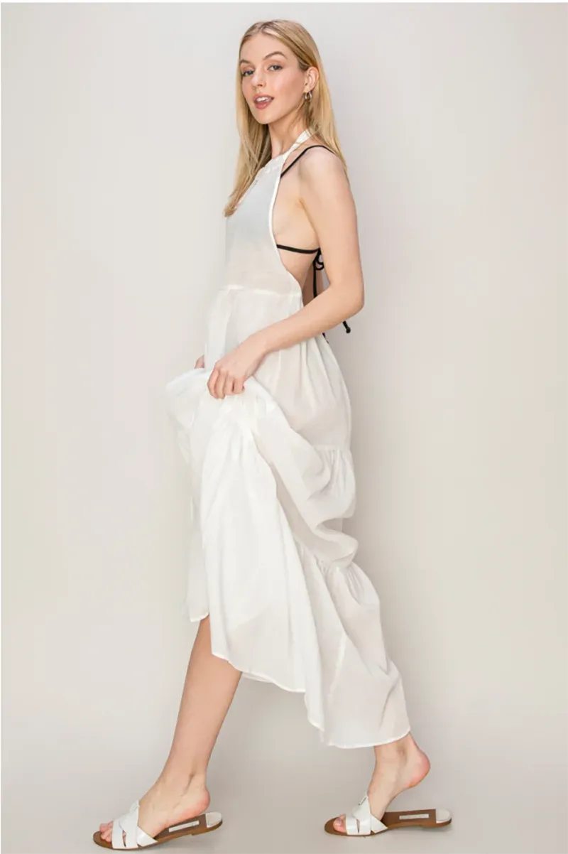Tiered Semi Sheer Halter Neck Cover Up Maxi Dress Off White / S-M-L/2-2-2 Tiered Semi Sheer Halter Neck Cover Up Maxi Dress Off White / S-M-L/2-2-2