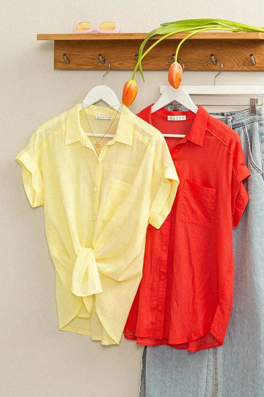 Lightweight Sheer Chest Pocket Button-Down Short Sleeve Blouse - Tasha Apparel Wholesale