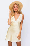 Lace Trim Deep V-Neck Satin Mini Dress - Tasha Apparel Wholesale