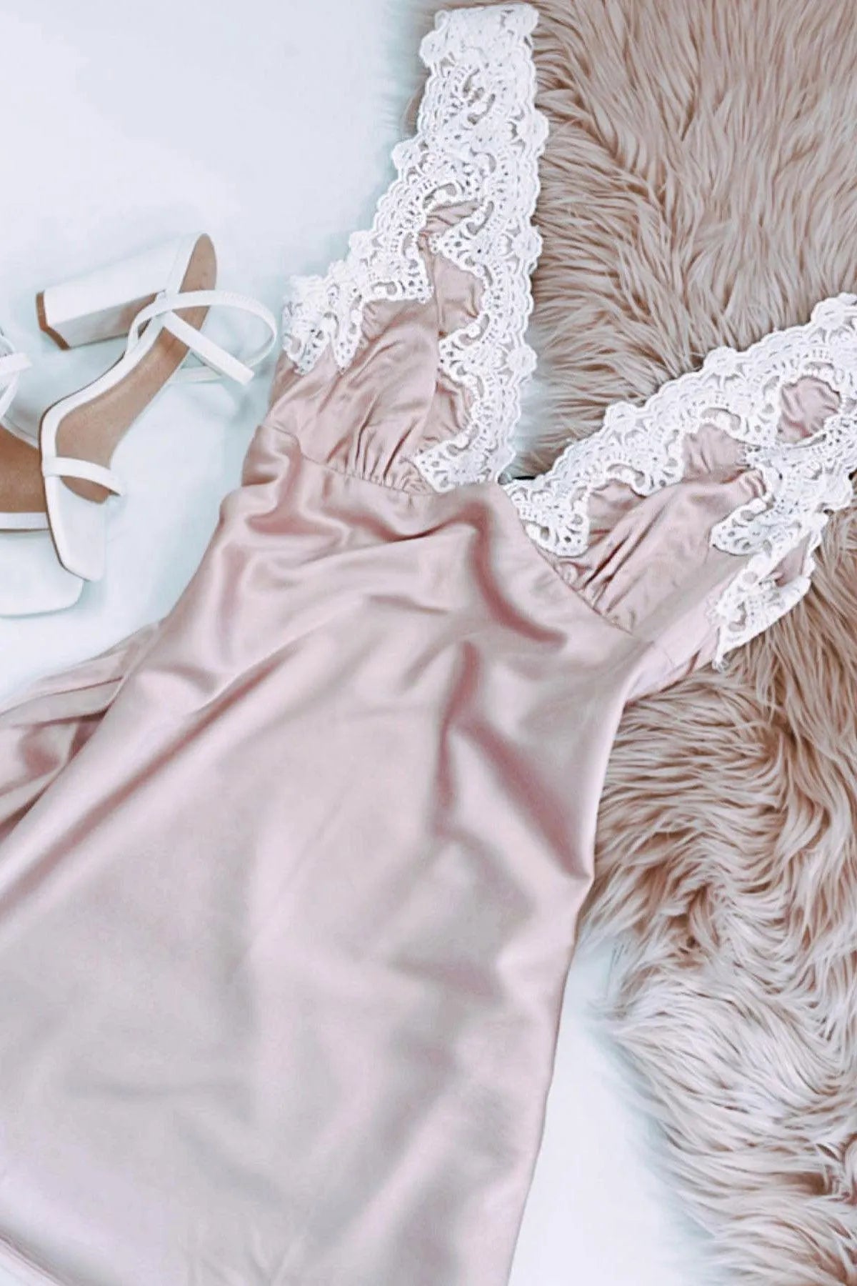 Lace Trim Deep V-Neck Satin Mini Dress - Tasha Apparel Wholesale