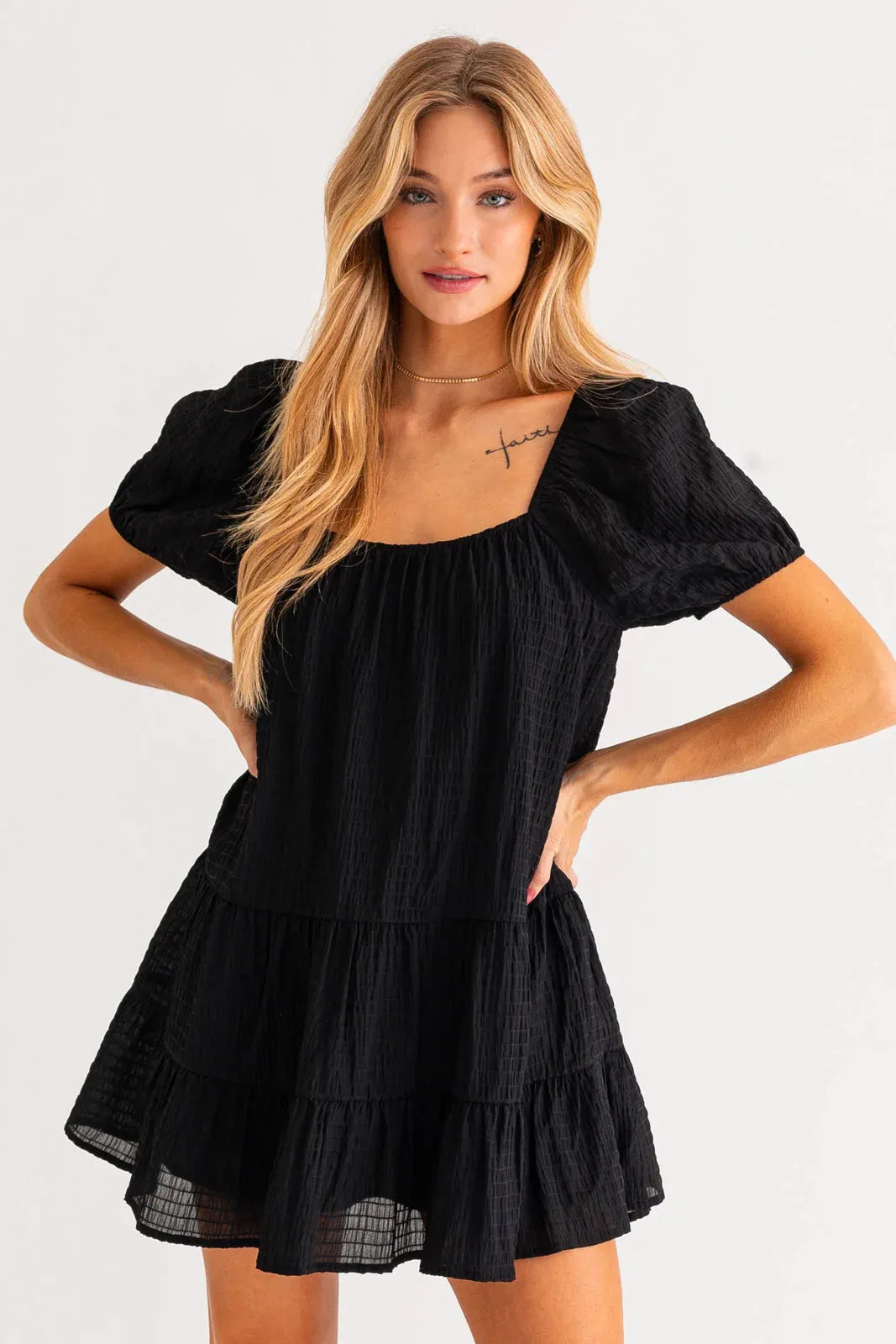 Short Puff Sleeve Tiered Mini Dress - Tasha Apparel Wholesale