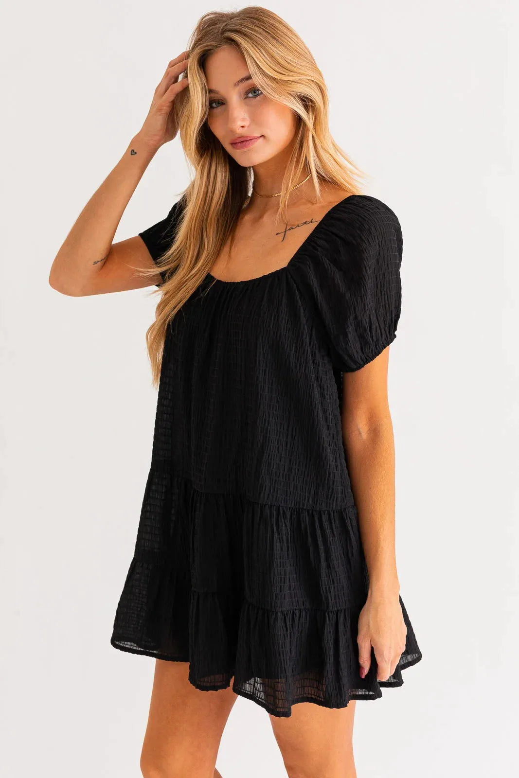 Short Puff Sleeve Tiered Mini Dress - Tasha Apparel Wholesale