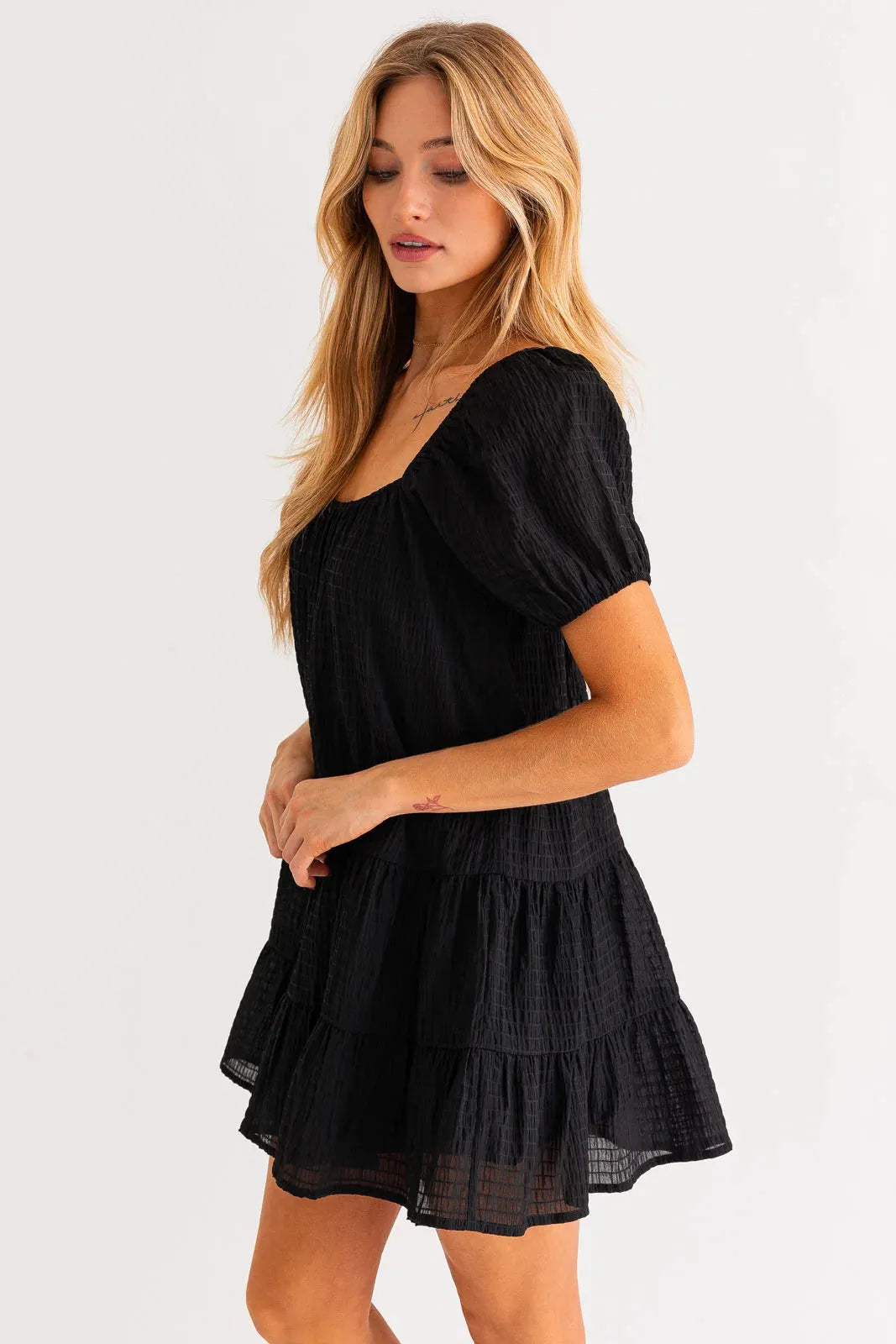 Short Puff Sleeve Tiered Mini Dress - Tasha Apparel Wholesale