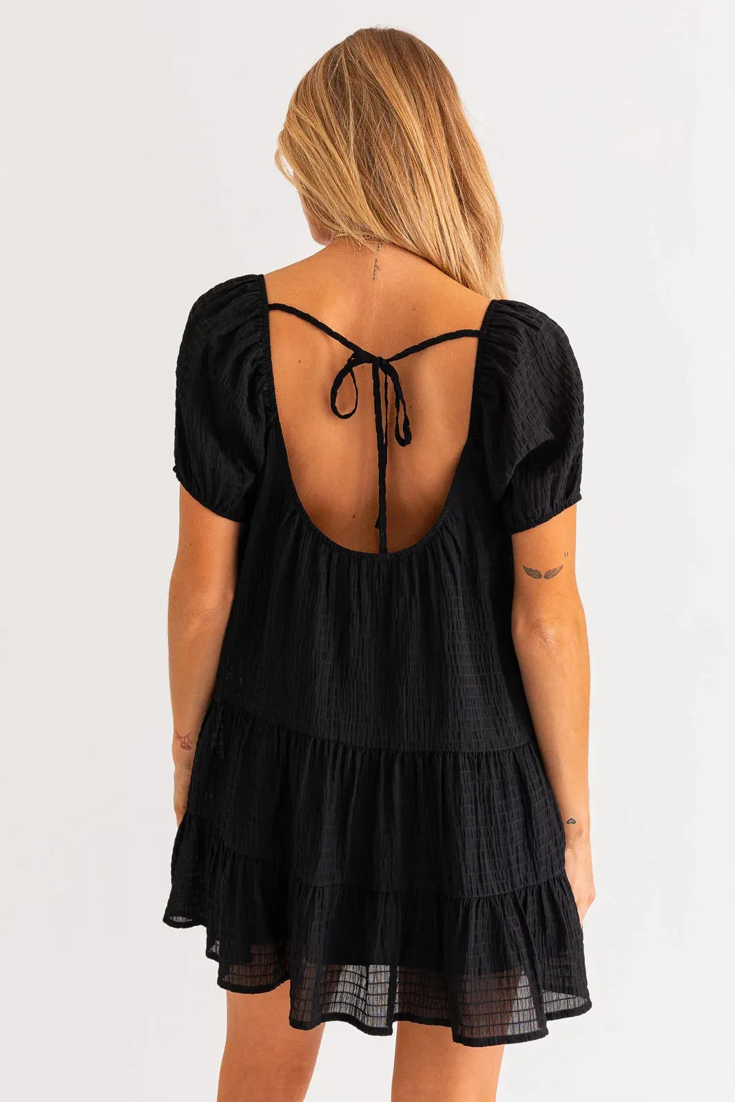 Short Puff Sleeve Tiered Mini Dress - Tasha Apparel Wholesale
