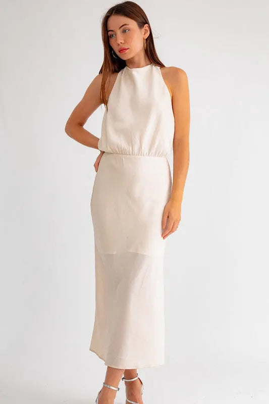 Satin Open Back Halter Midi Dress - Tasha Apparel Wholesale