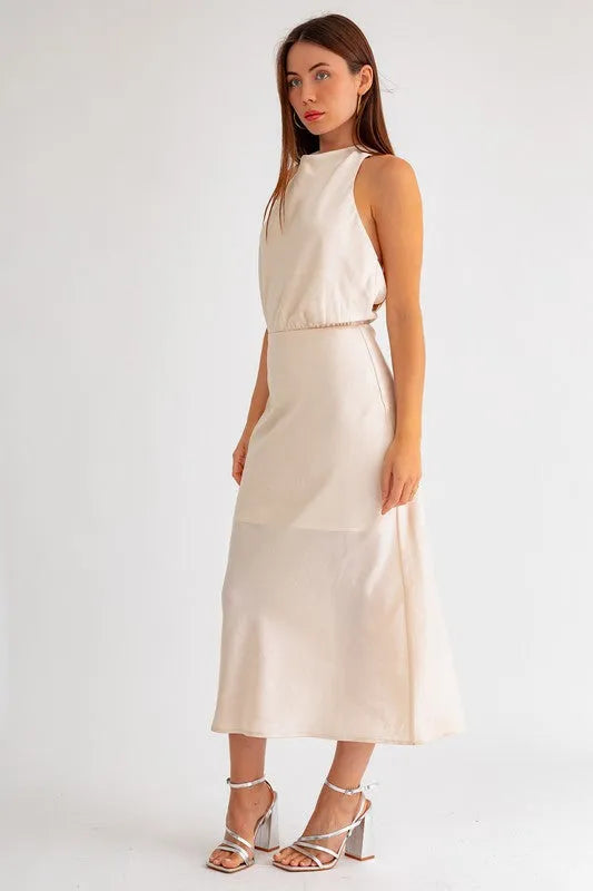 Satin Open Back Halter Midi Dress - Tasha Apparel Wholesale