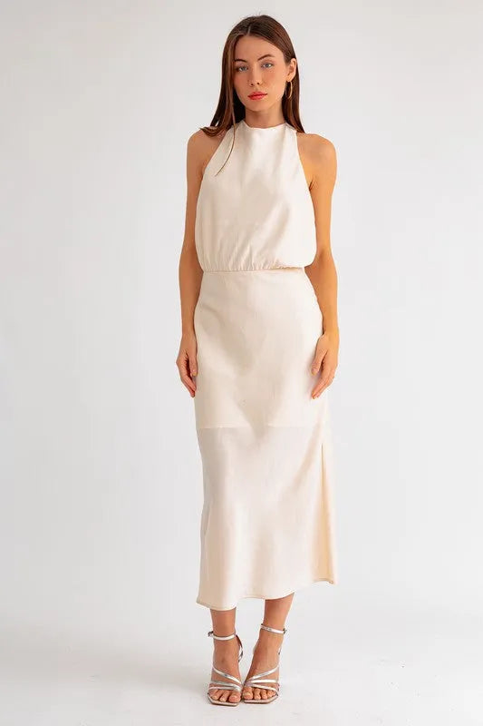 Satin Open Back Halter Midi Dress - Tasha Apparel Wholesale