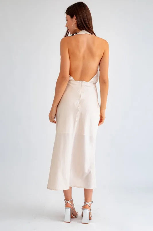 Satin Open Back Halter Midi Dress - Tasha Apparel Wholesale