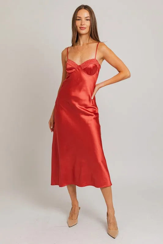 Lace Trim Detail Sleeveless Satin Midi Dress - Tasha Apparel Wholesale