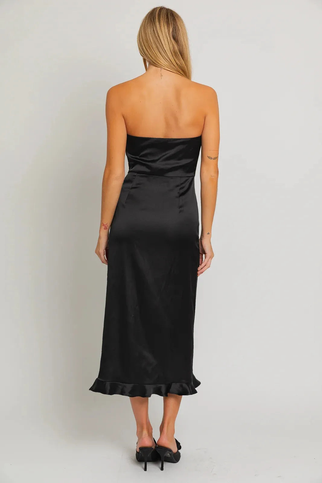 Satin Strapless Ruffle Front Slit Midi Dress - Tasha Apparel Wholesale