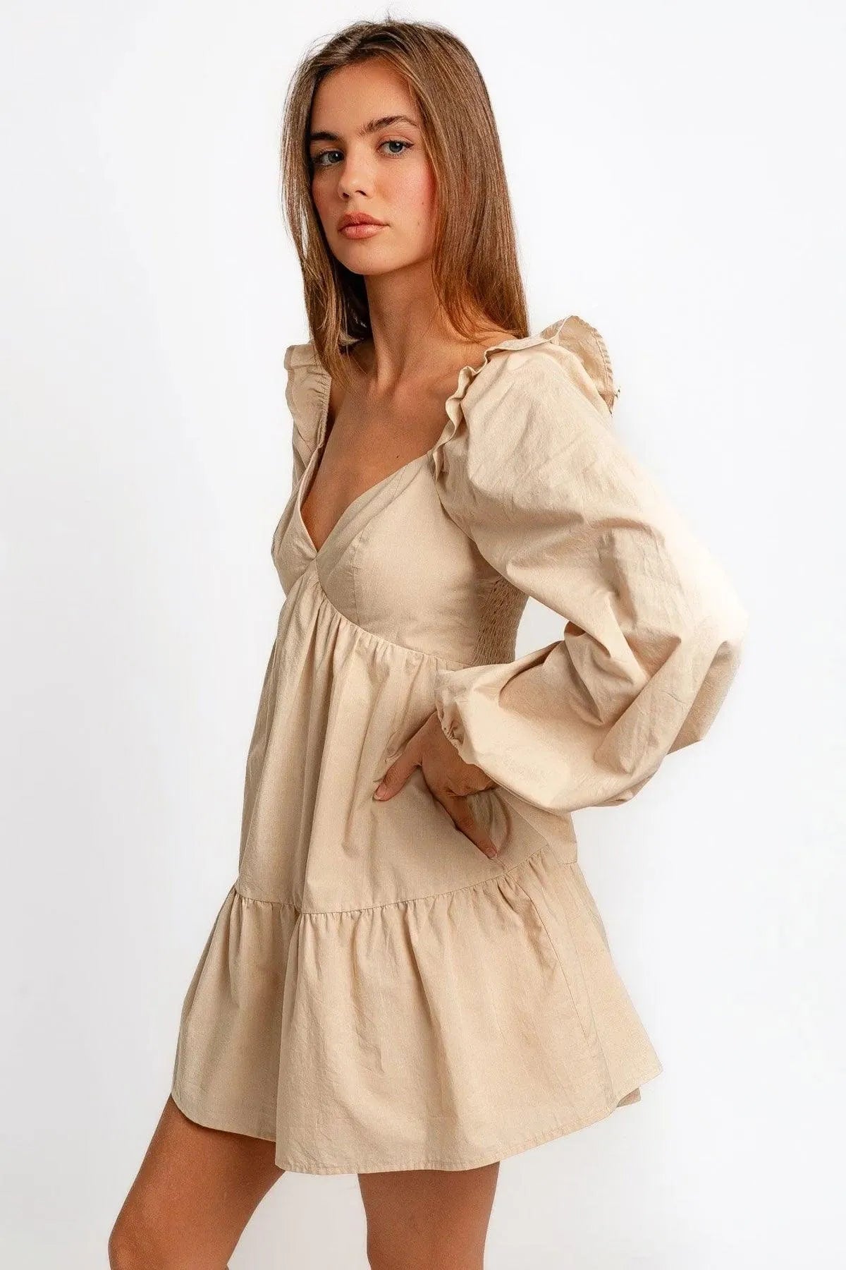Puff Long Sleeve Ruffle Shoulder Babydoll Mini Dress - Tasha Apparel Wholesale