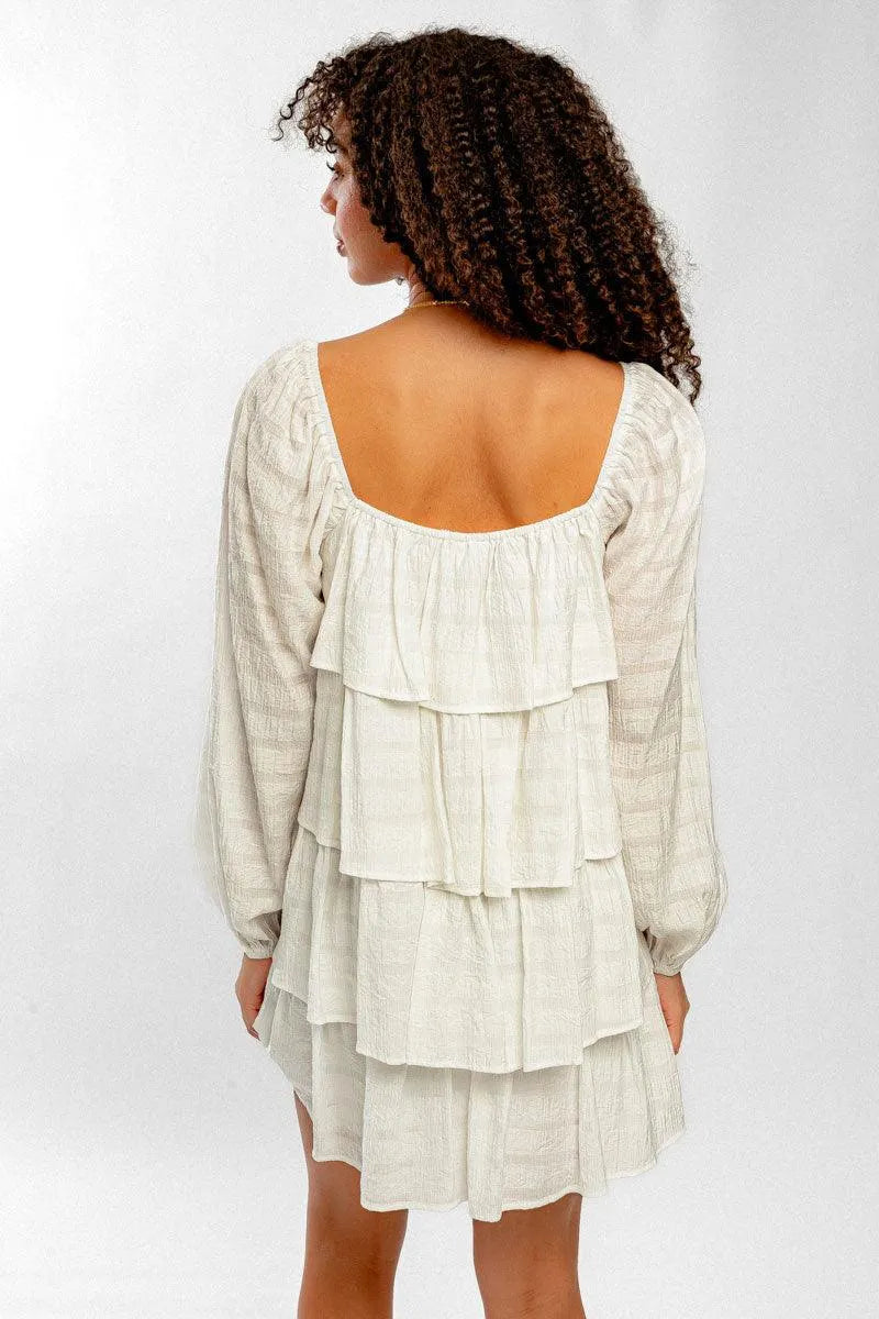 White Puff Long Sleeve Tiered Ruffle Mini Dress - Tasha Apparel Wholesale