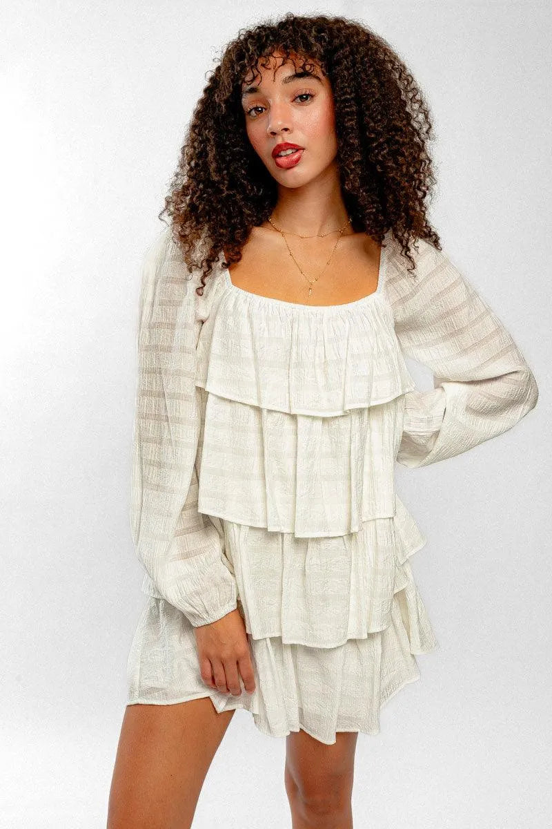 White Puff Long Sleeve Tiered Ruffle Mini Dress