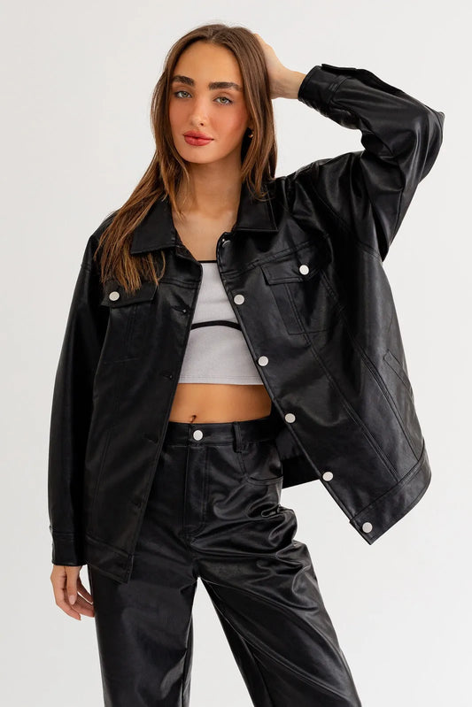 Oversized Vegan Leather Button-Up Jacket - Tasha Apparel Wholesale