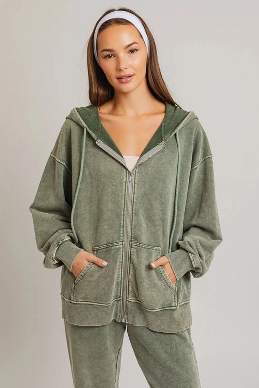 Oversize Washed Front Zipper Hooded Jacket - Tasha Apparel Wholesale