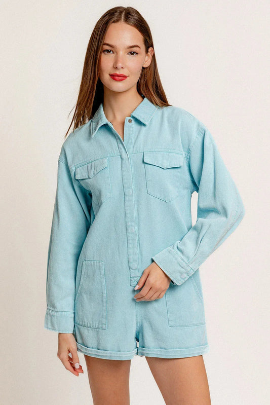 Long Sleeve Collared Cargo Denim Romper - Tasha Apparel Wholesale